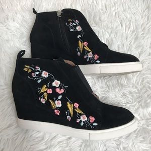 Paolo Black Suede Wedge Sneakers with Pink & Gold Floral Embroidery